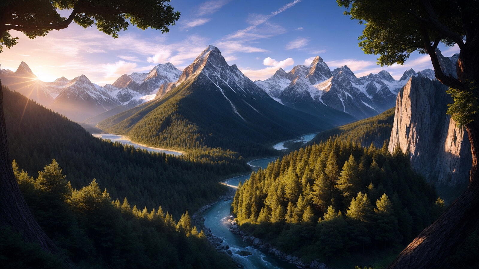 Бесплатное фото Рассвет и горный пейзаж с рекой
