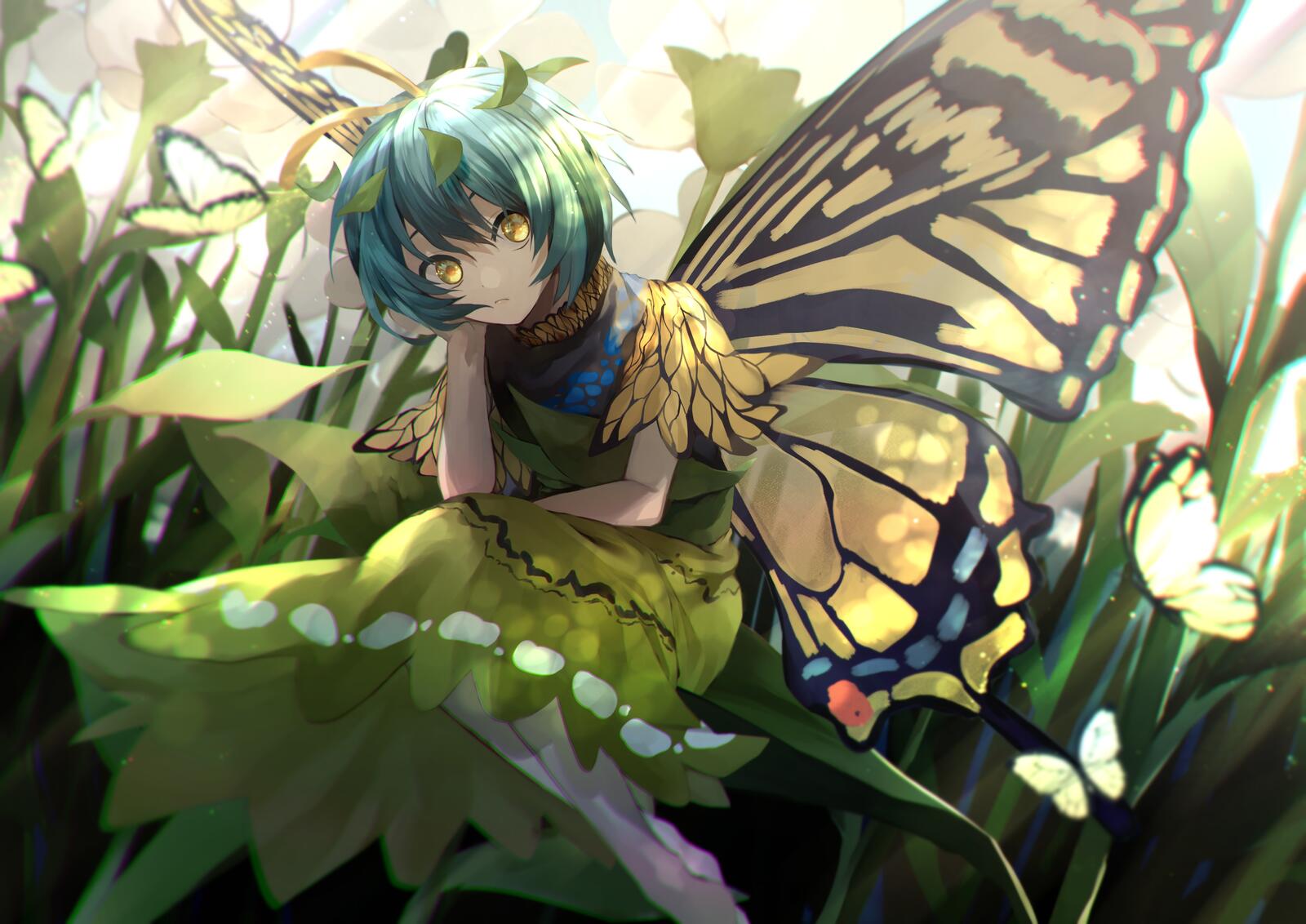 Бесплатное фото Этернити Ларва с крыльями бабочки грустит в траве