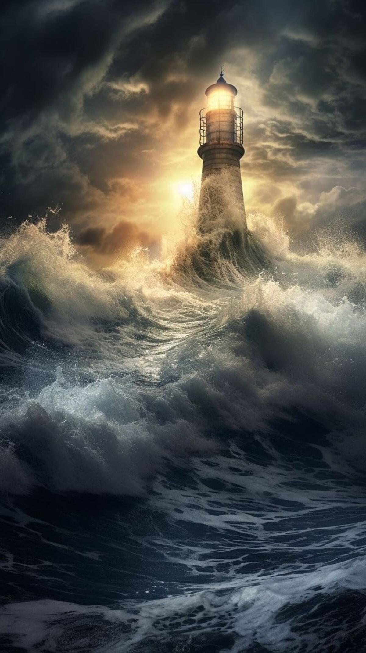 A lighthouse in a raging ocean