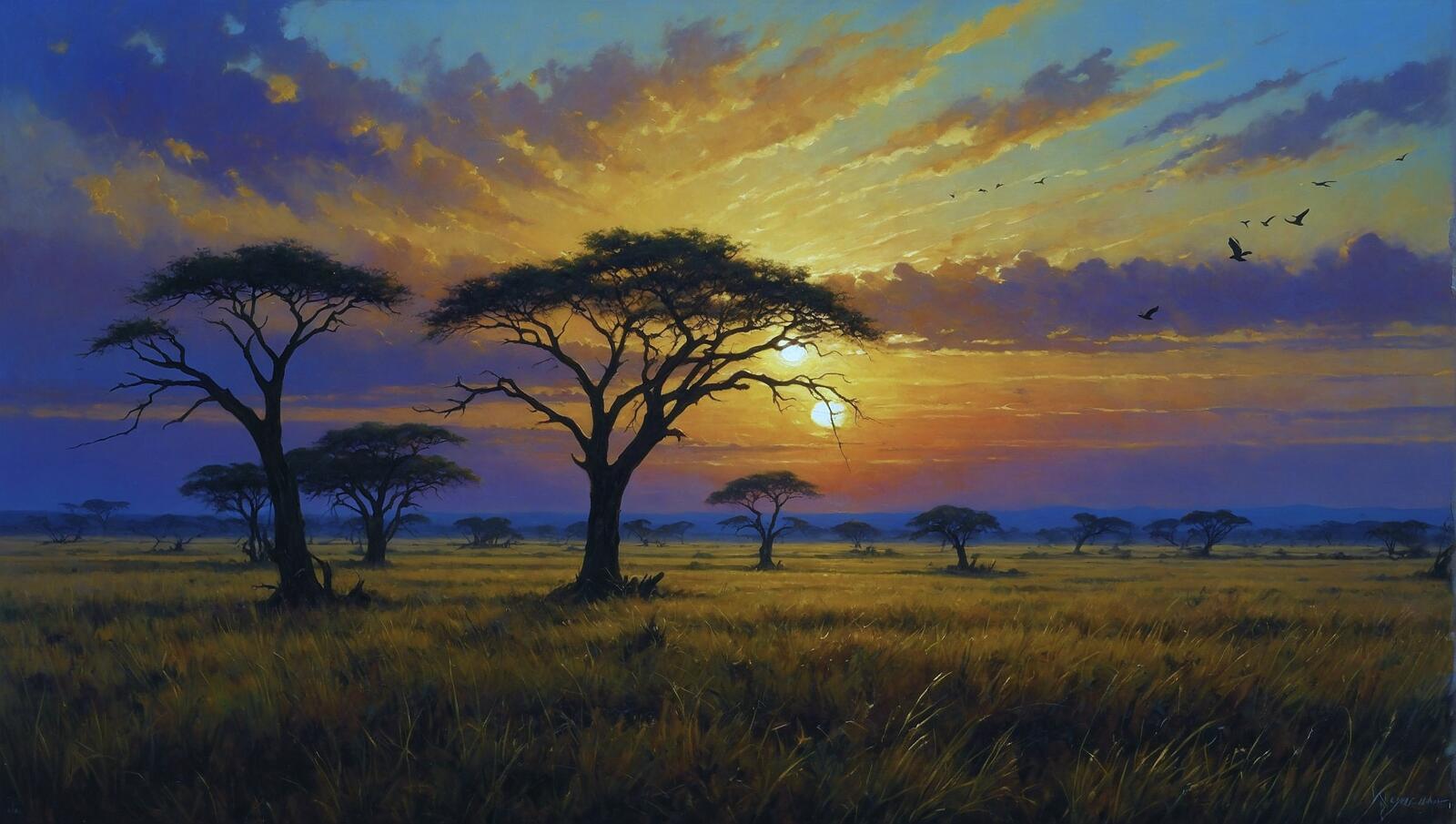 Free photo This is a painting of a beautiful sunset in a grassland
