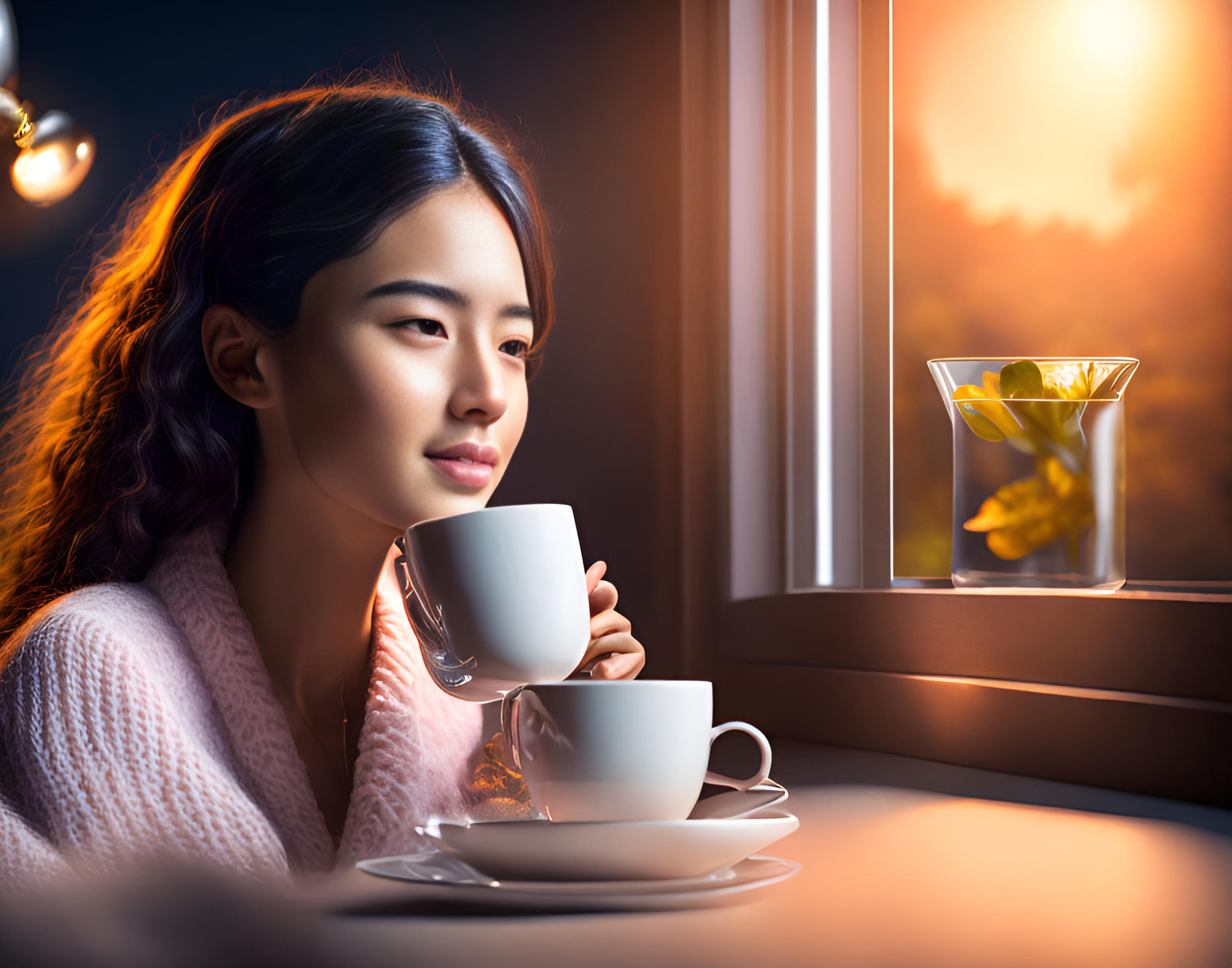 Девушка пьет чай у окна