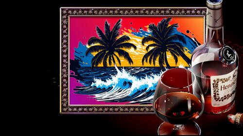 A bottle of Hennessy with a glass of cognac and a painting with palm trees on a dark background