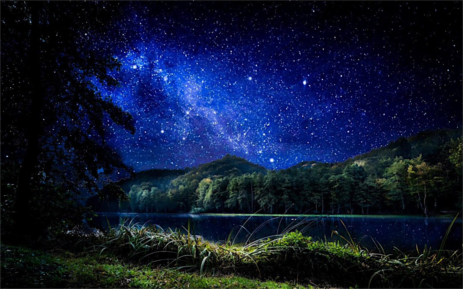Бесплатное фото Звездное небо над лесной рекой