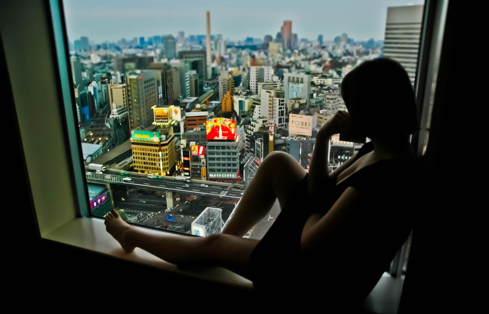 免费照片女孩望着窗外的城市全景