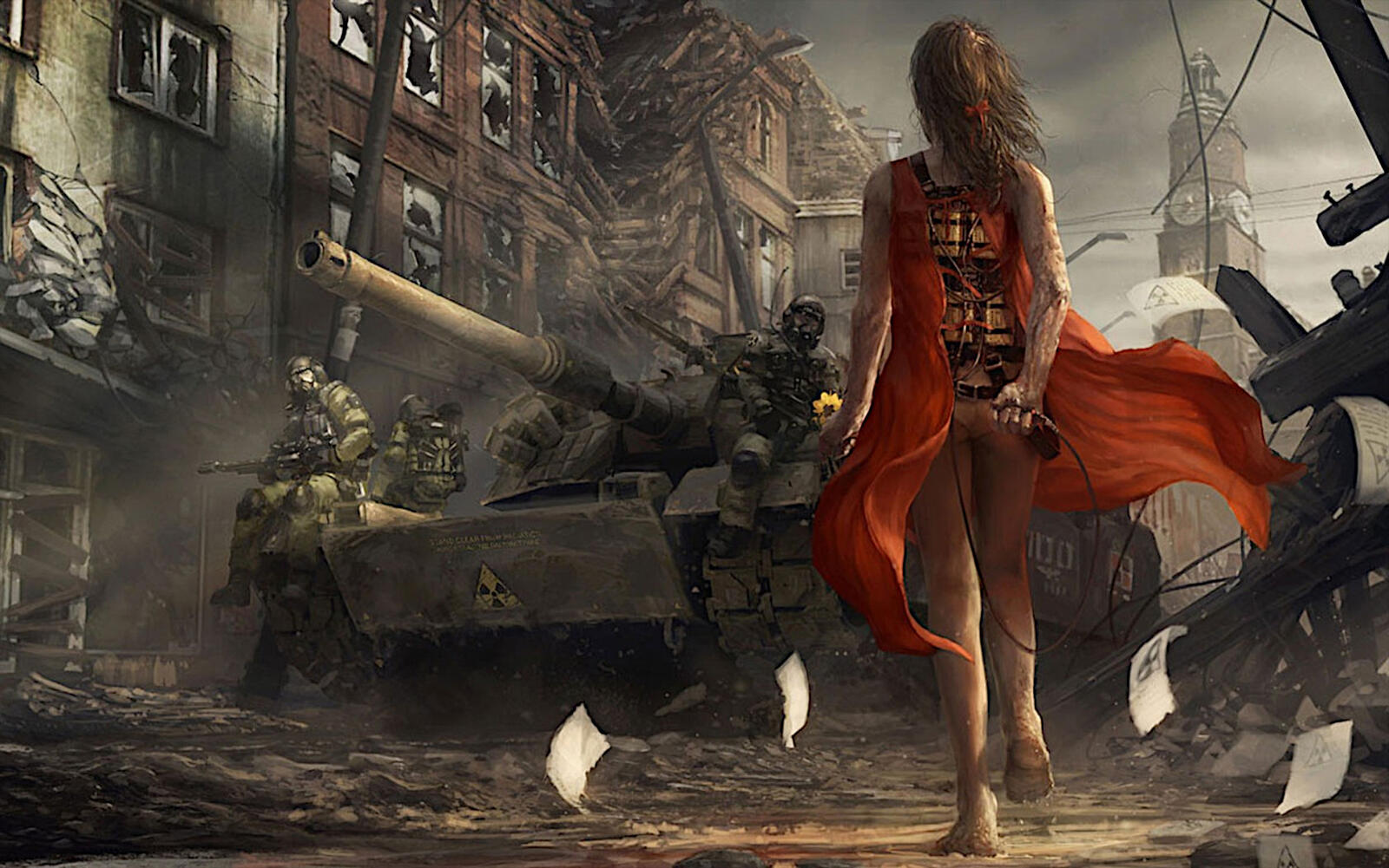 Бесплатное фото Девушка суицидница в красном платье идет к танку