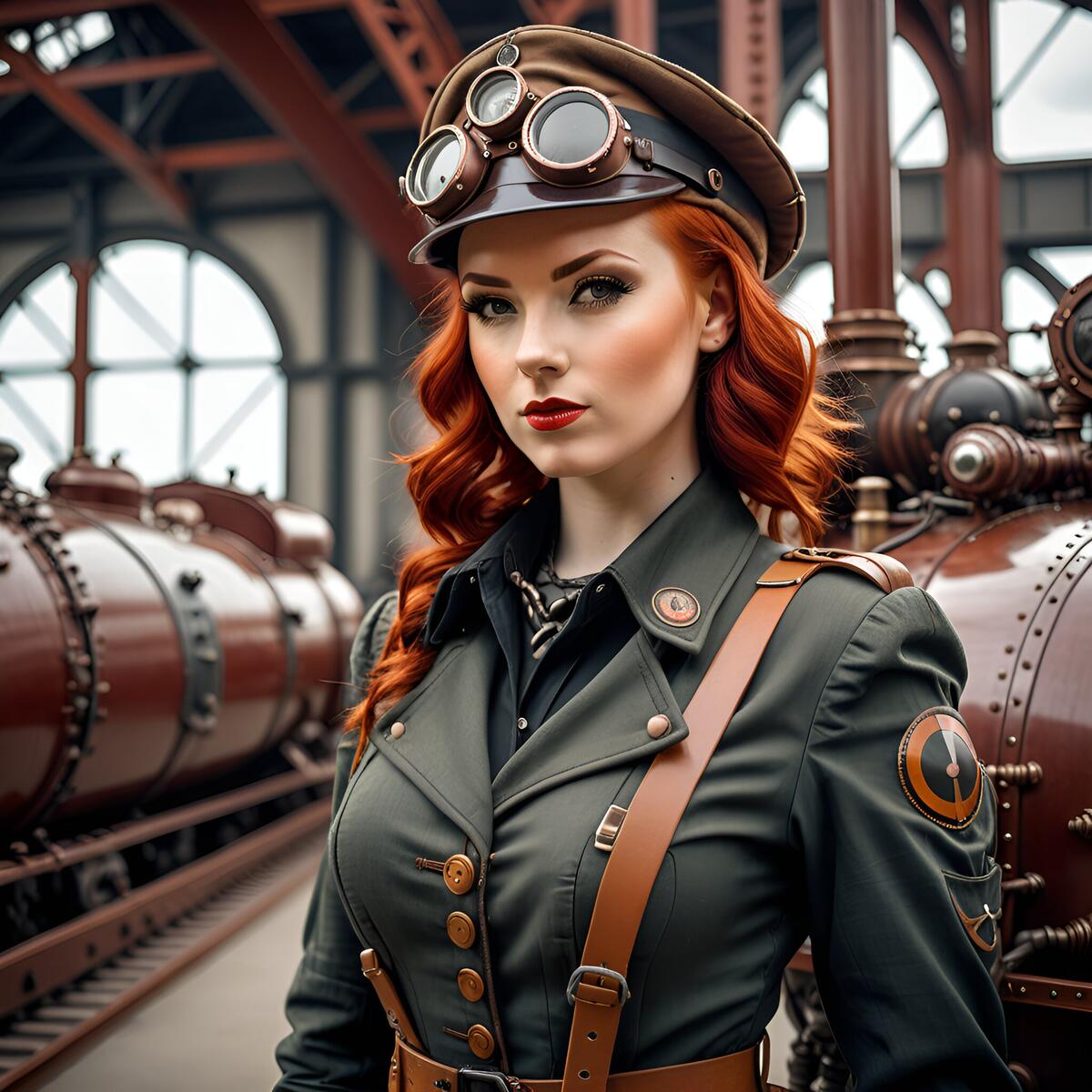 A redheaded girl in a military uniform