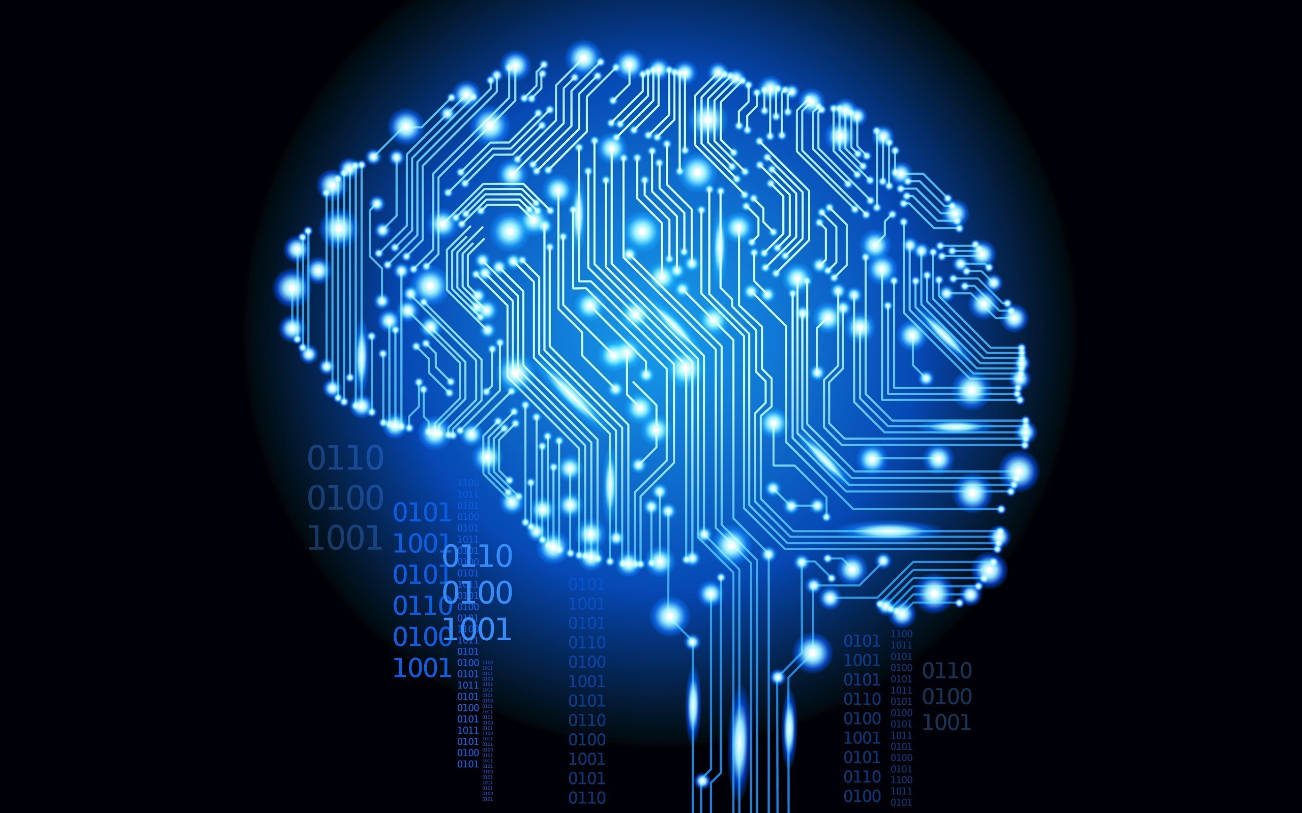 A glowing brain on an electronic circuit board