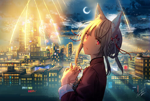 Anime girl with ears in the background of the night city