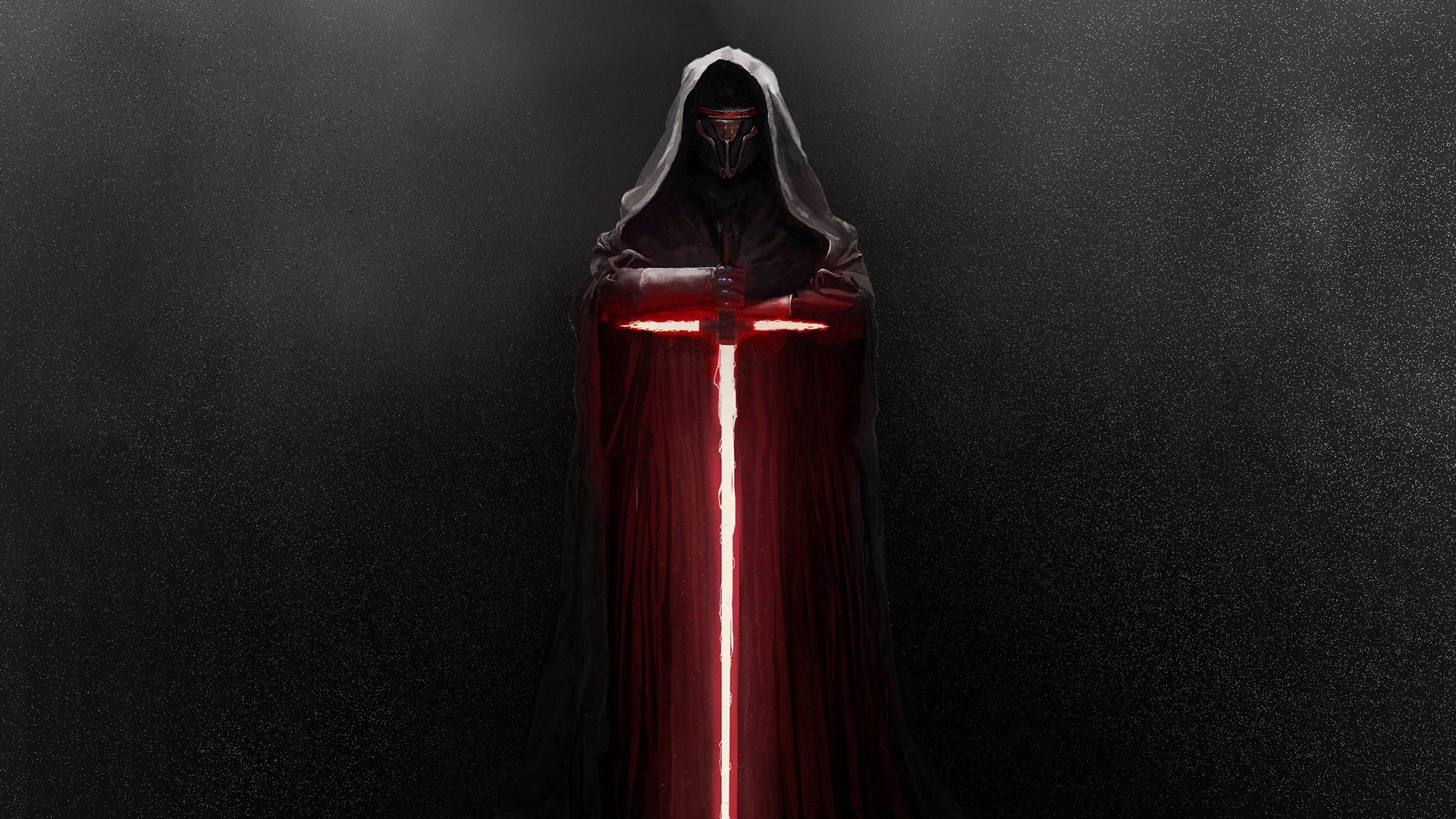 Kylo Ren in the darkness with a glowing sword.