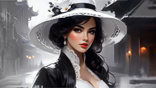 Портрет девушки в белой шляпе на улице старого города
