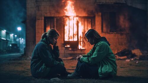 Two women sitting side by side in front of a building with fire