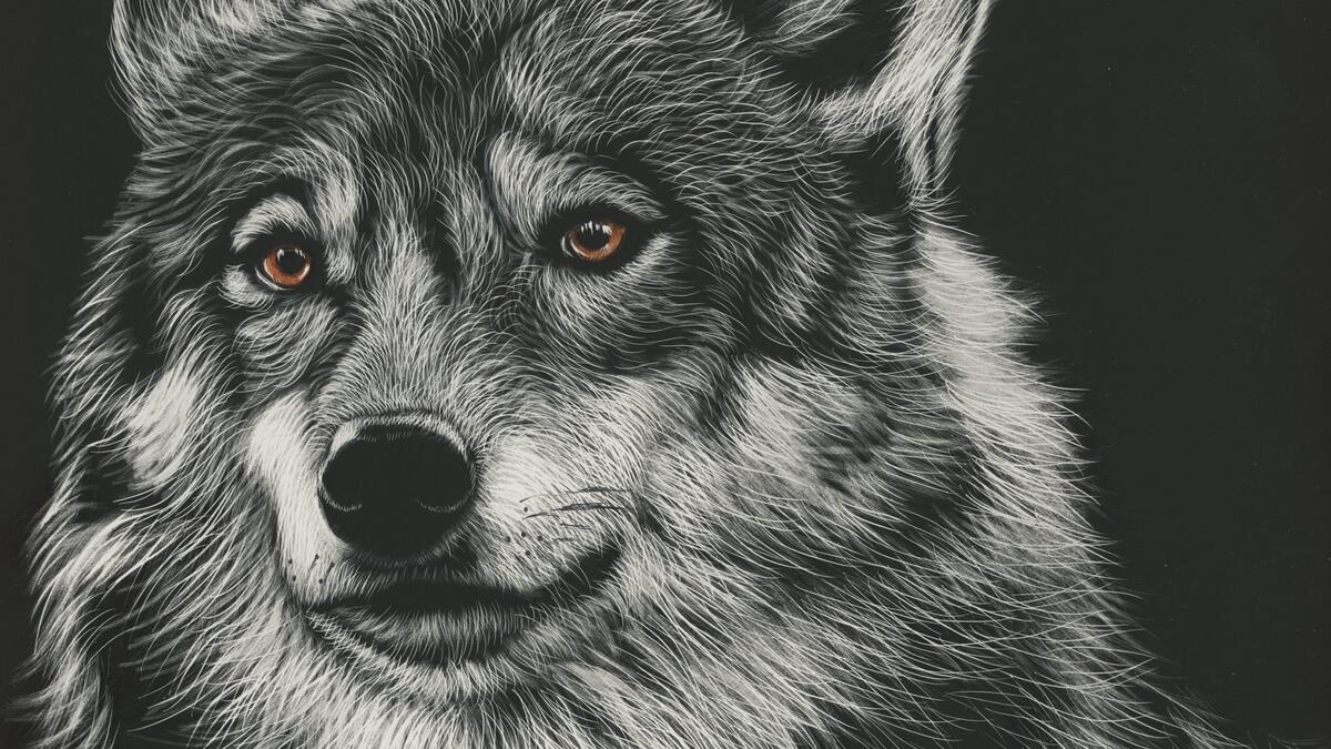 Нарисованный волк на черной бумаге белым цветом