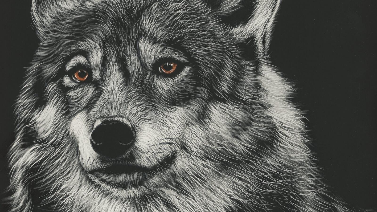 Бесплатное фото Нарисованный волк на черной бумаге белым цветом