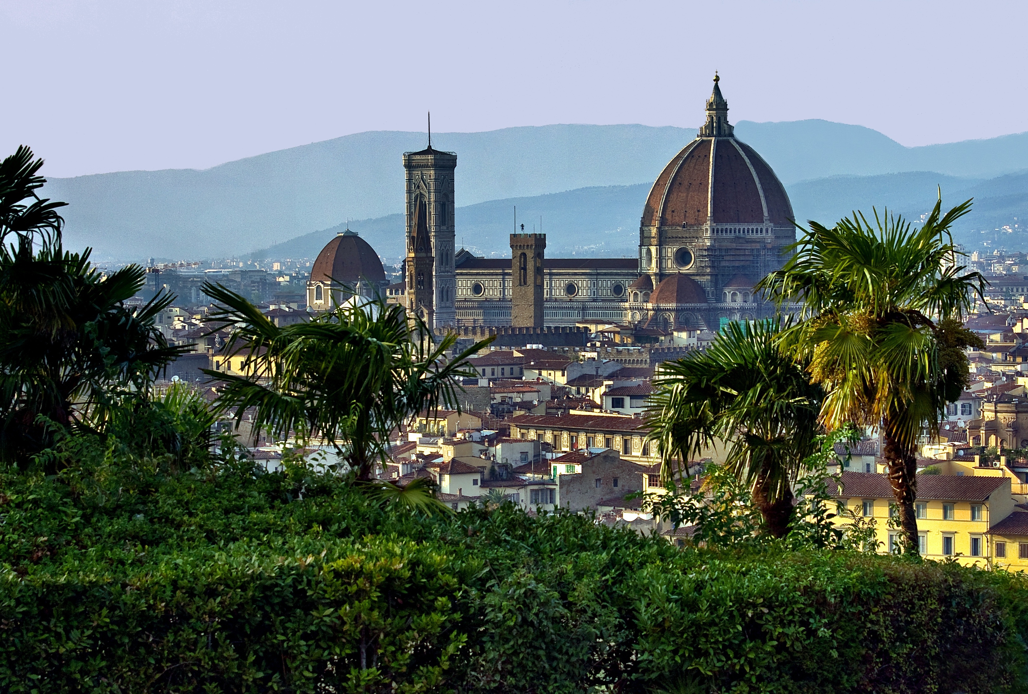 Free photo View of the Italian city from the green field