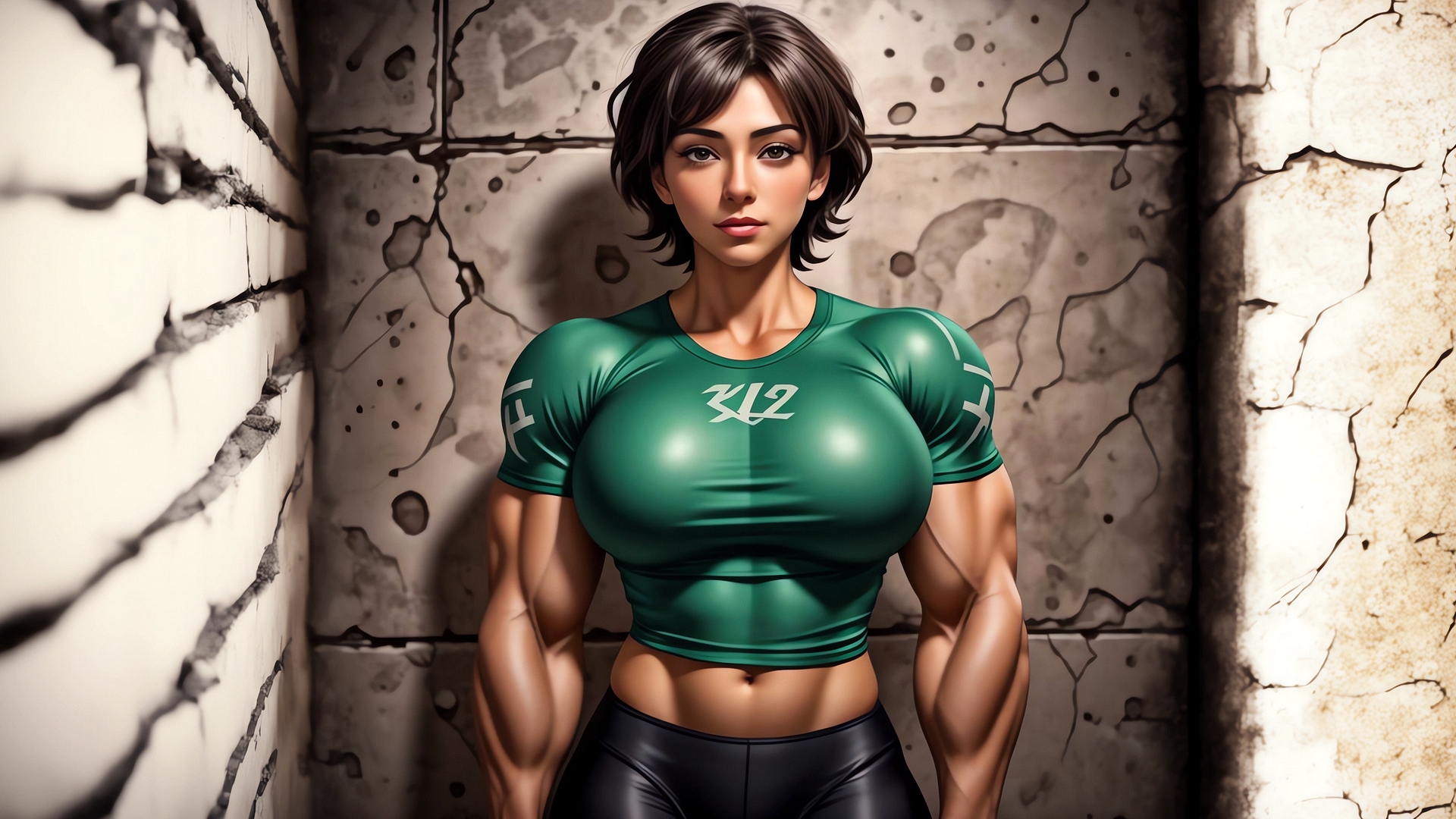 A girl bodybuilder in a green T-shirt standing against the wall