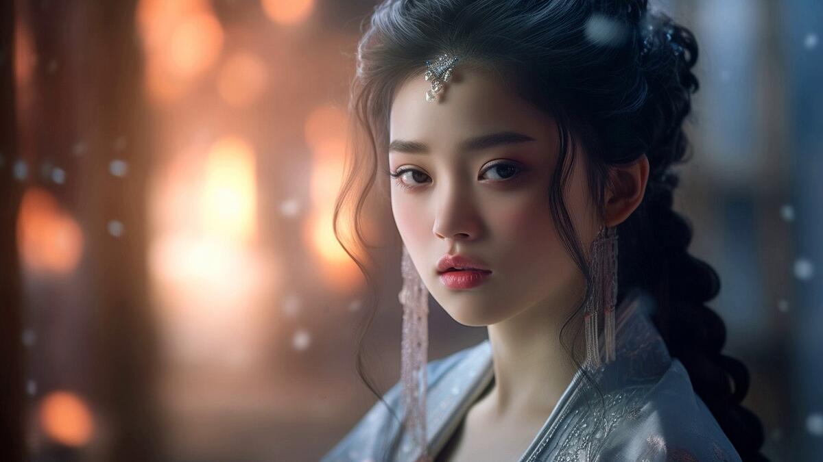 Портрет азиатской девушки с косой и фон