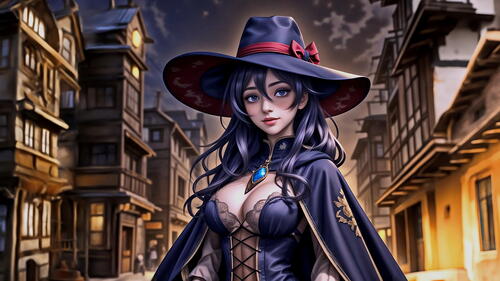 A girl in a hat and cloak stands in the street of an old night town