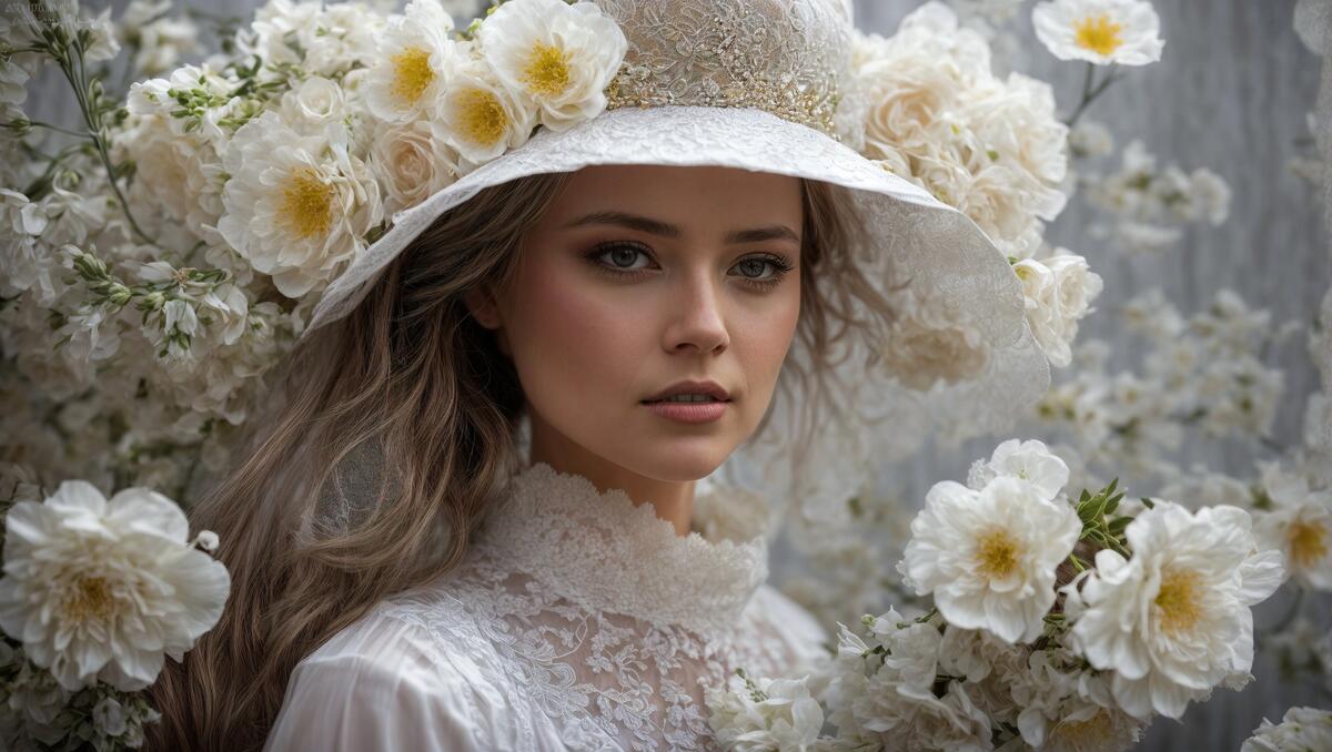 Женщина в белой шляпе с длинными косами, платье и цветы