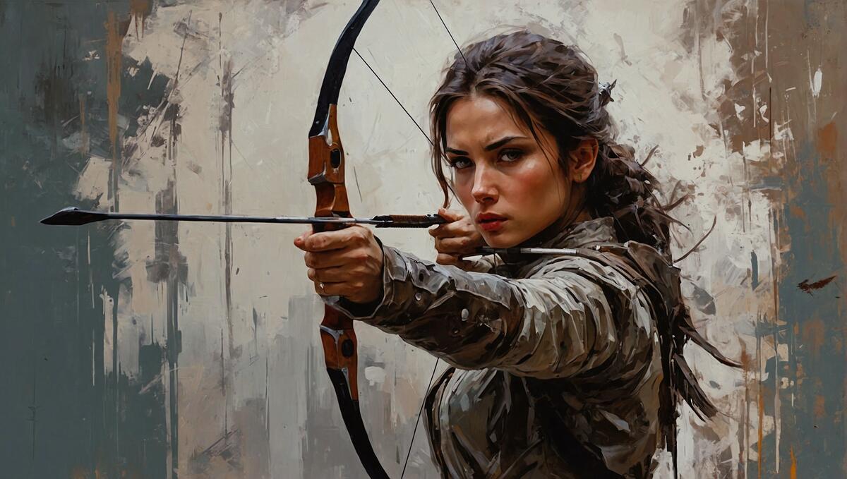 A painting of a woman aiming a bow with a knife in one hand and an arrow to the other