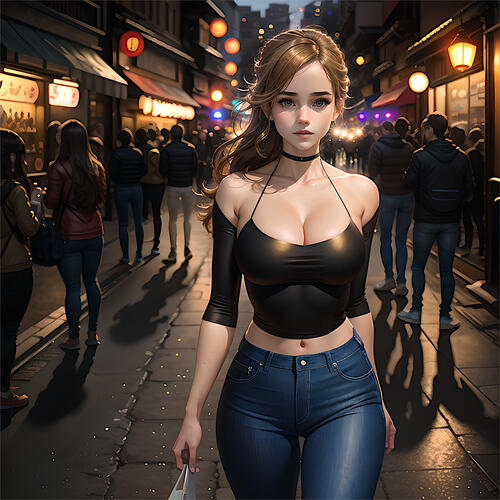 A girl in a short top on a night street.