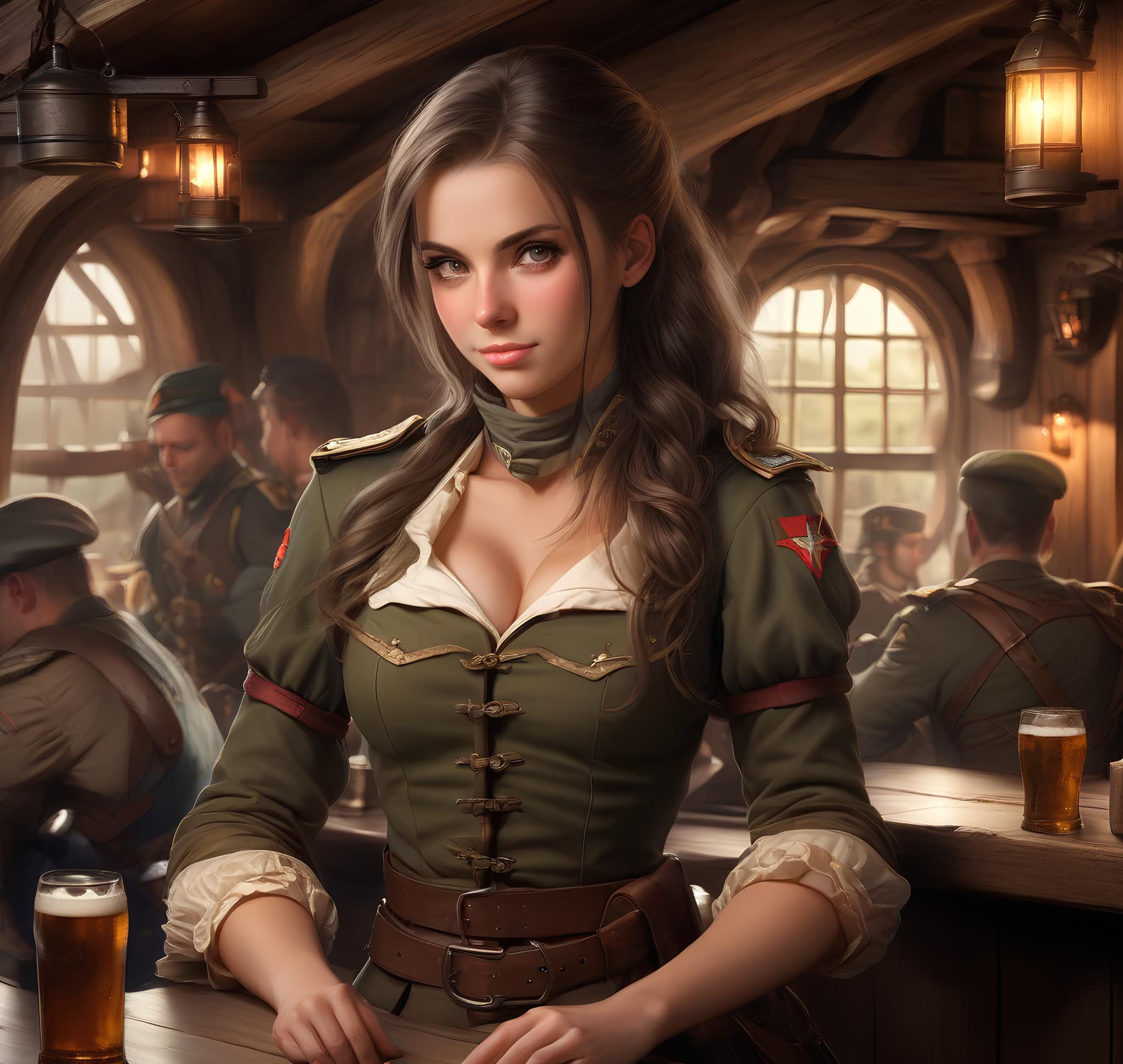 Free photo A girl soldier in a tavern