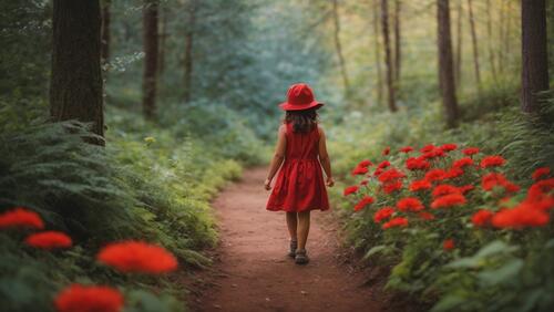A little girl in a red dress is walking down a path with flowers in the background.