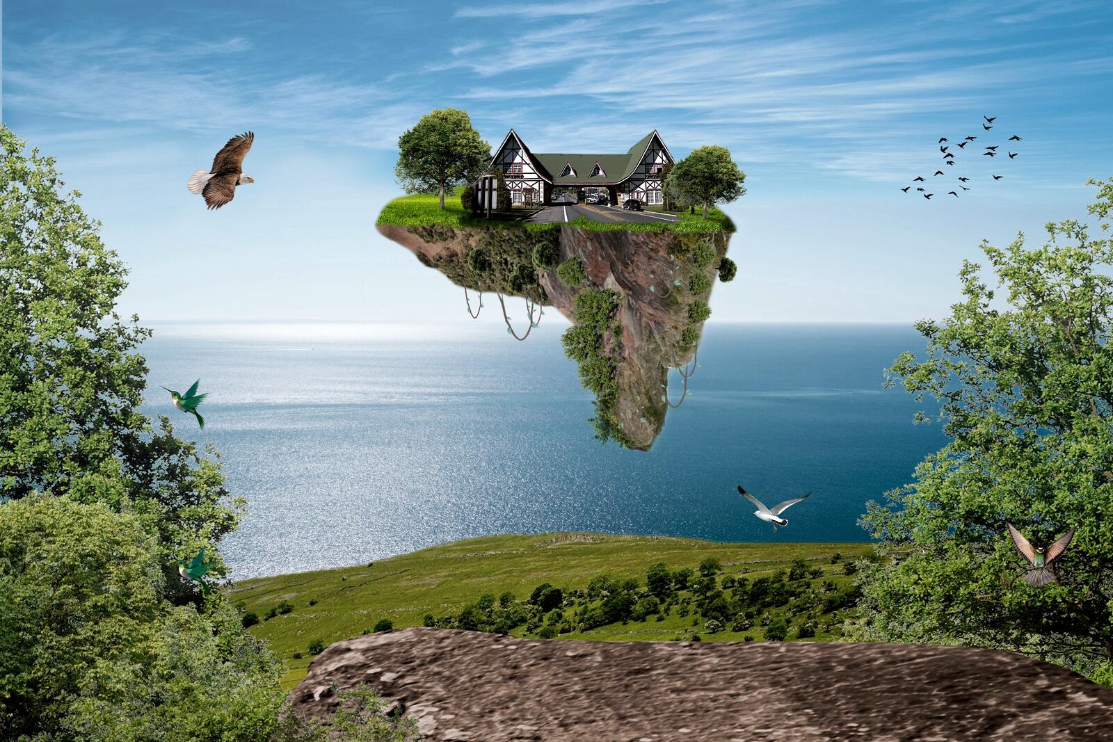 Бесплатное фото Левитирующий остров с домом