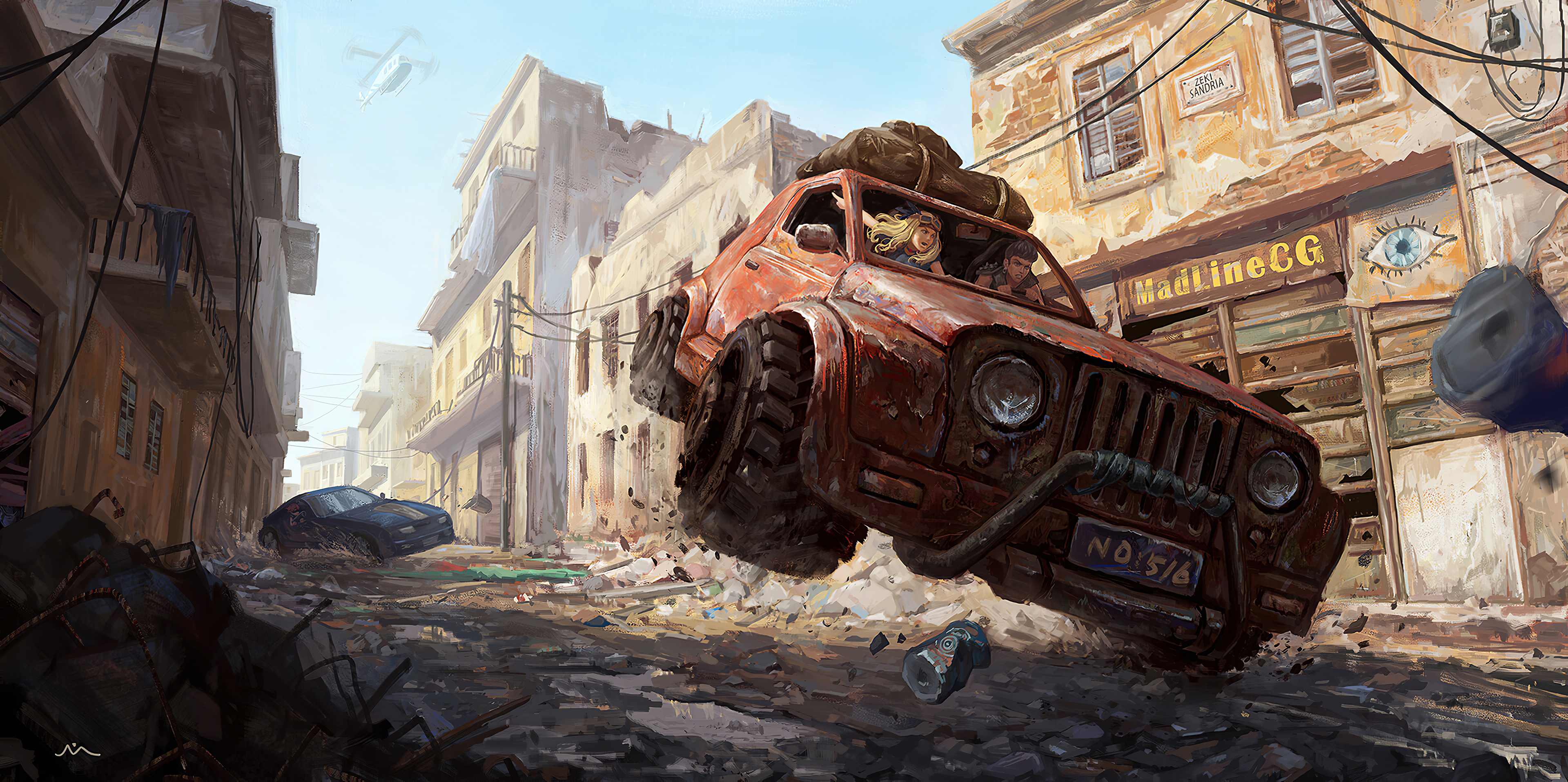 Wallpaper cars racing through a post-apocalyptic city