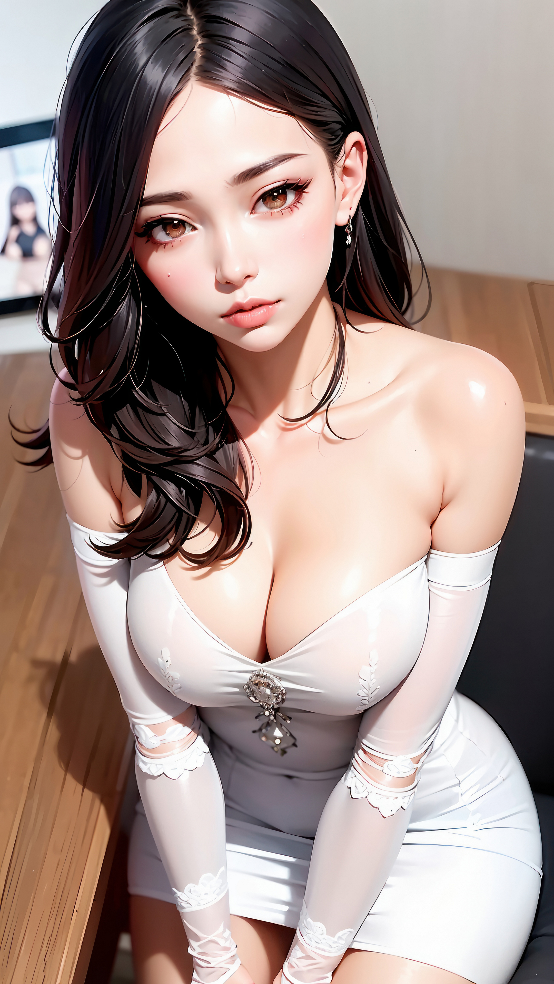 Рисунок девушки в белом платье с глубоким декольте