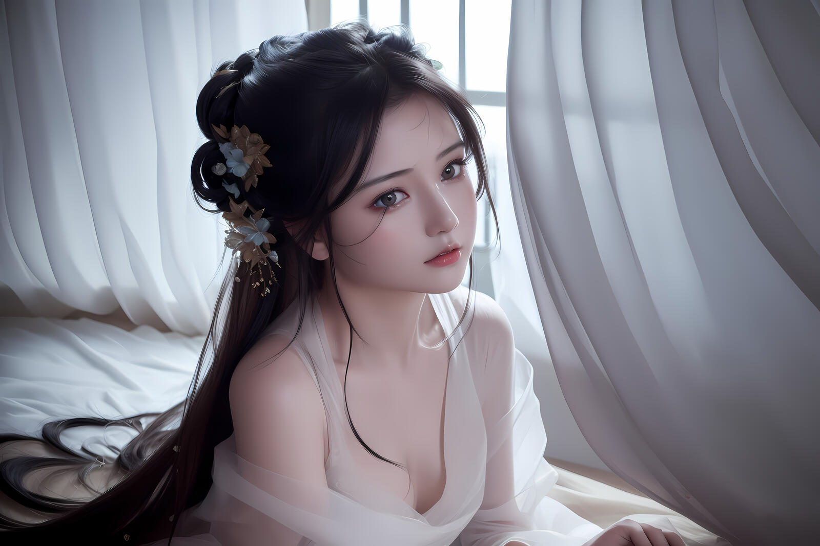 Бесплатное фото Рендеринг азиатки в белом легком платье