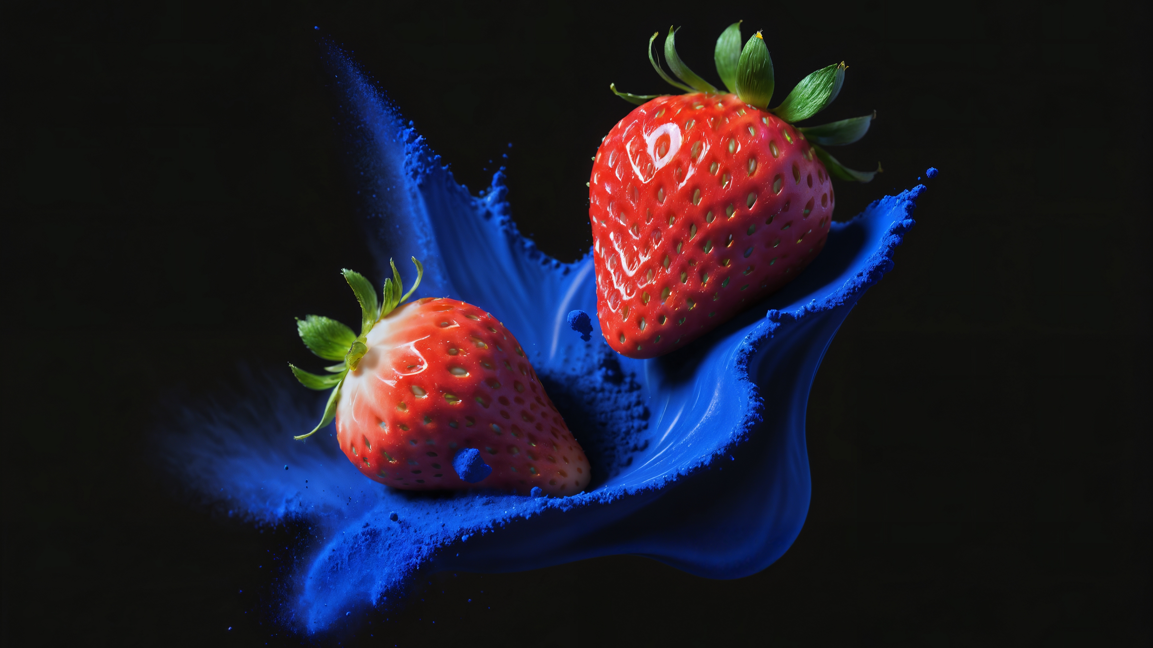 免费照片两颗草莓在蓝色的尘埃中相撞。