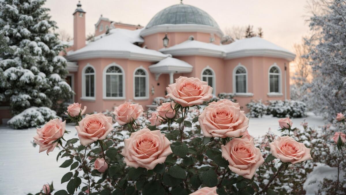 Куст роз перед розовым домом в снегу