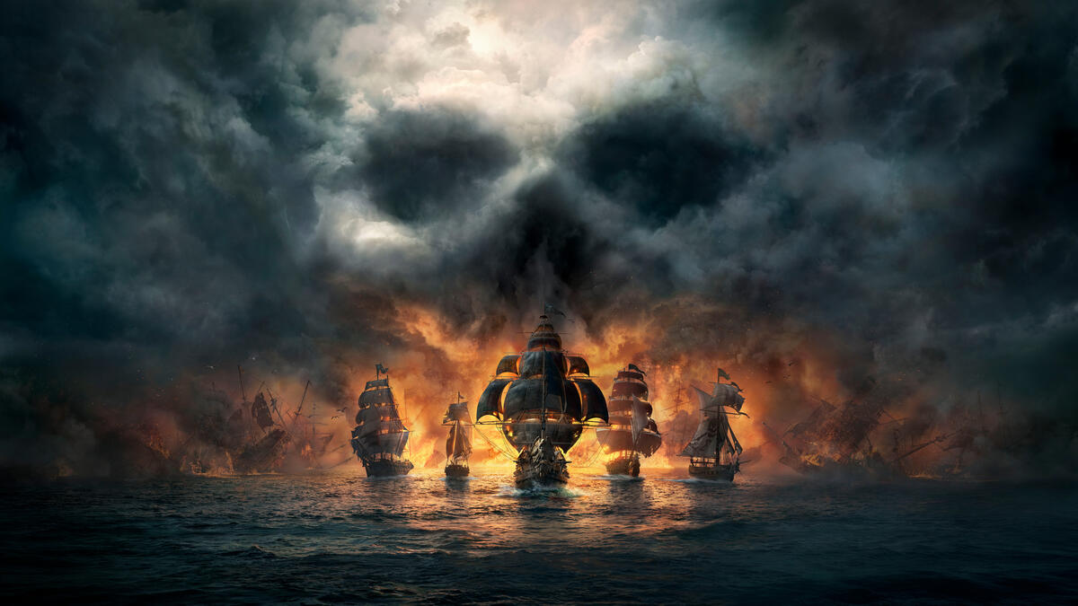 Pirate ships in the background of a large fire at sea