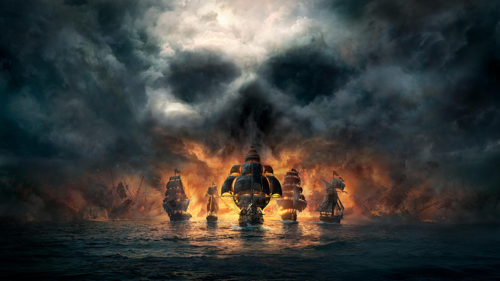 Free photo Pirate ships in the background of a large fire at sea
