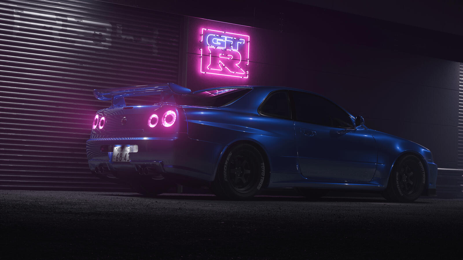 Бесплатное фото Синий Nissan GTR в игре