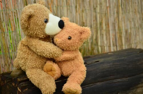 Two teddy bears hugging each other