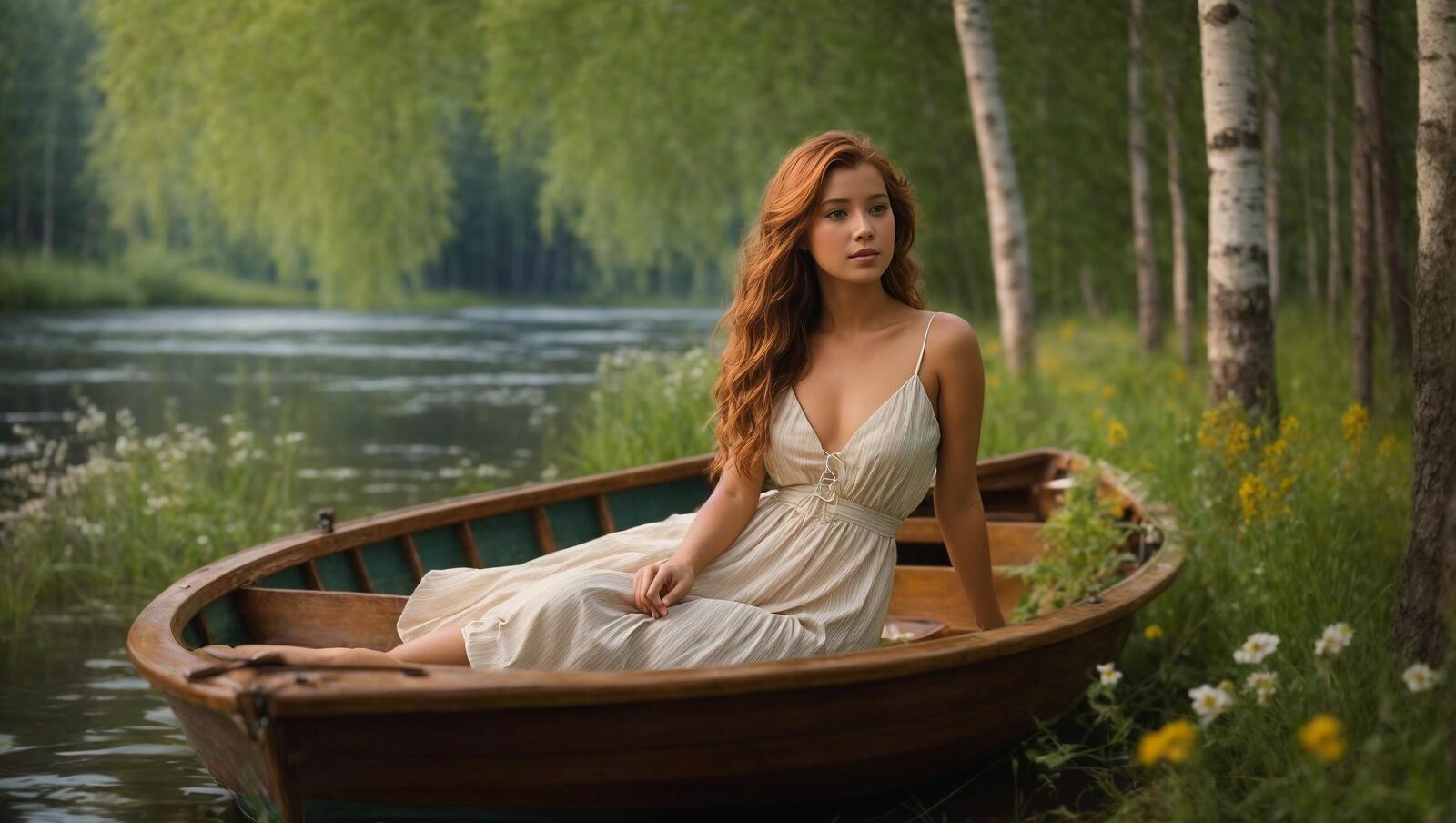 免费照片一位女士坐在水中的小船上