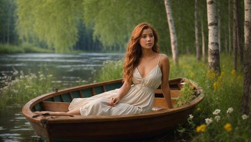 A woman is sitting in a boat that is in the water