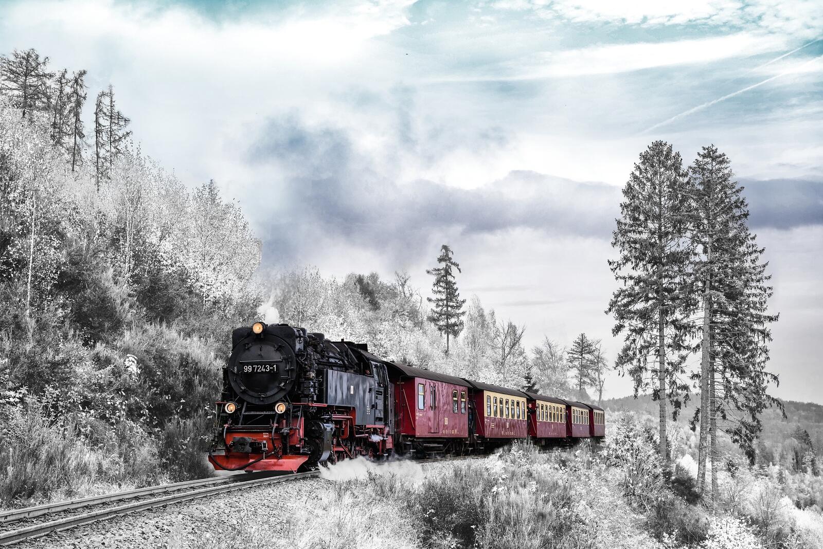 Free photo A steam locomotive on a winter road