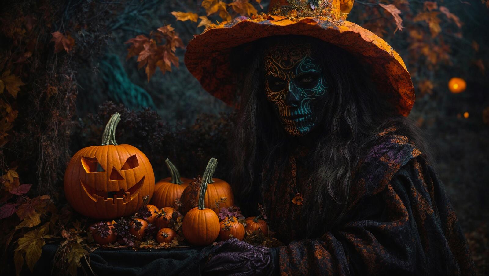 Free photo The scary witch is holding a pumpkin.