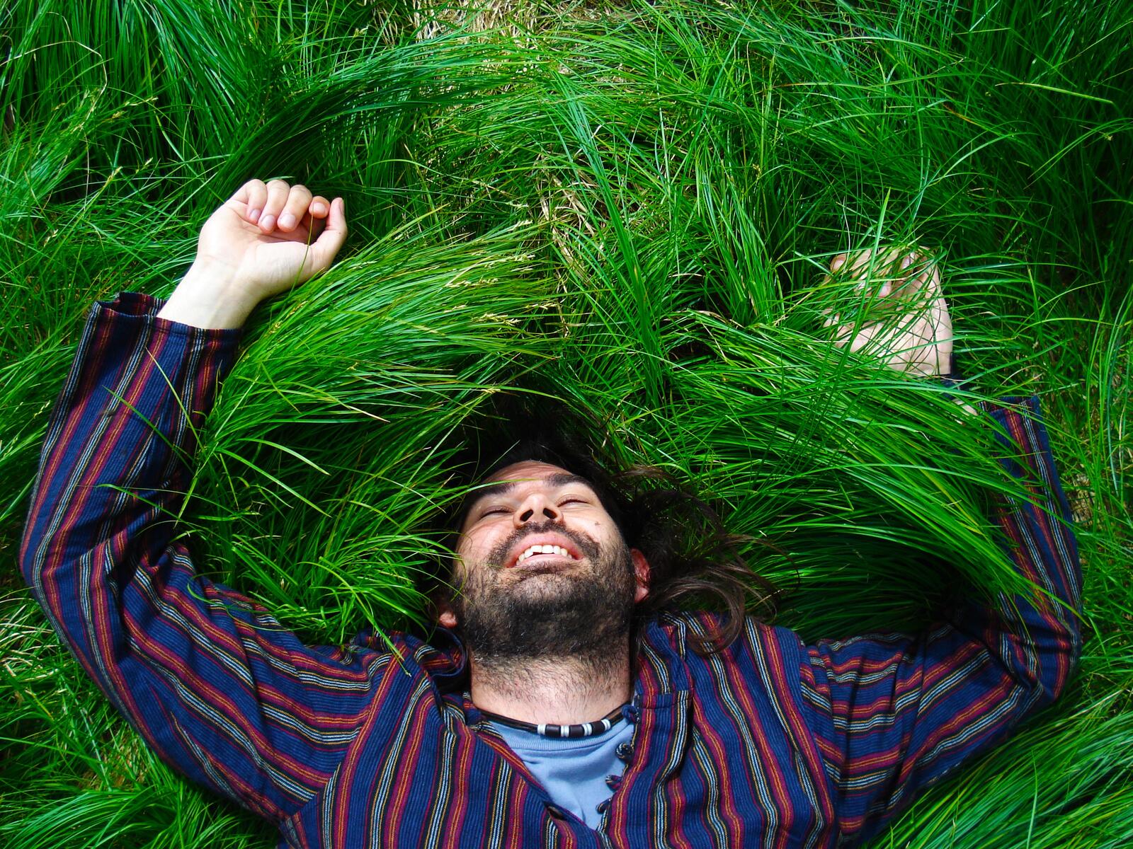 Счастливый мужчина лежит в траве
