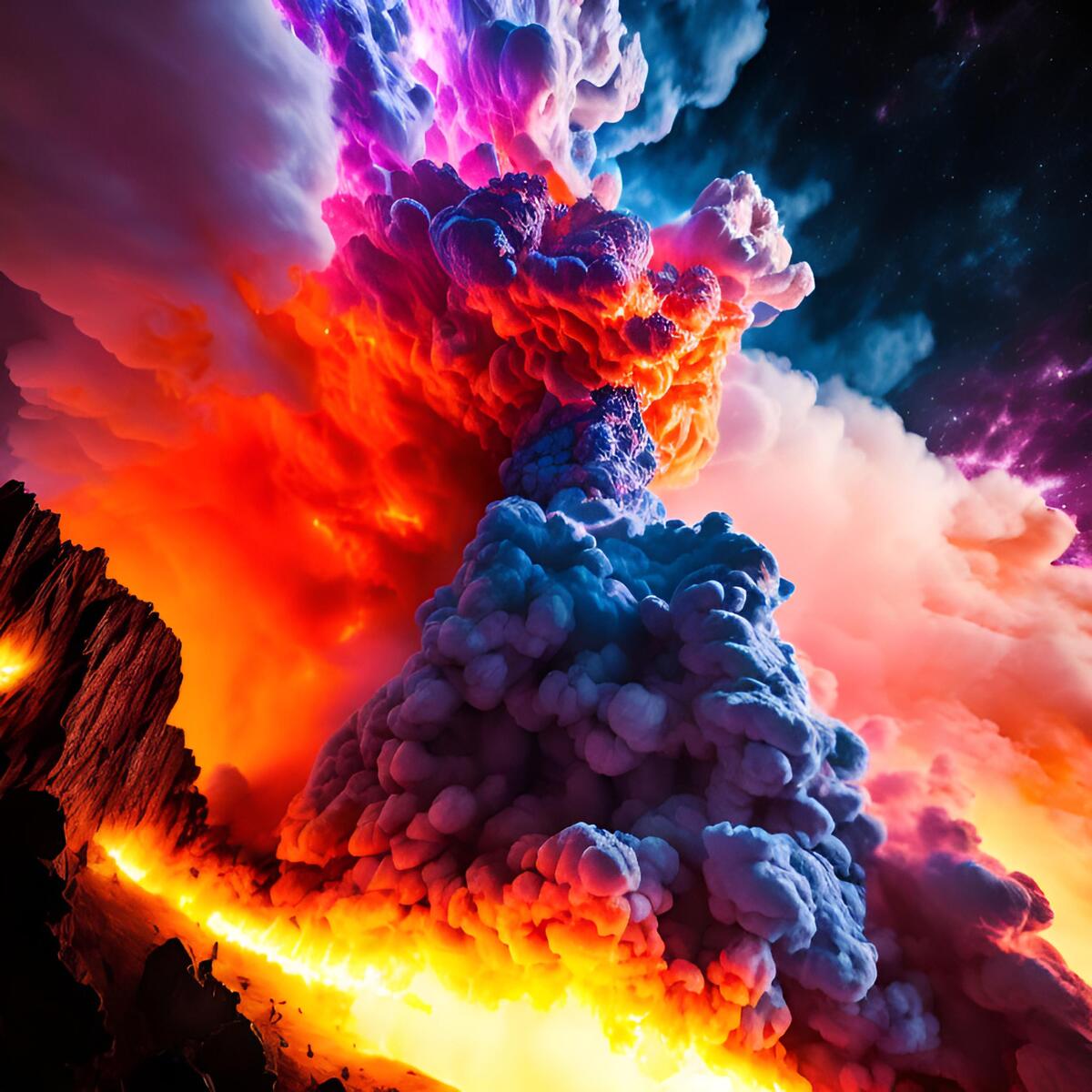 Lava flowing down the slope of the volcano with multicolored smoke