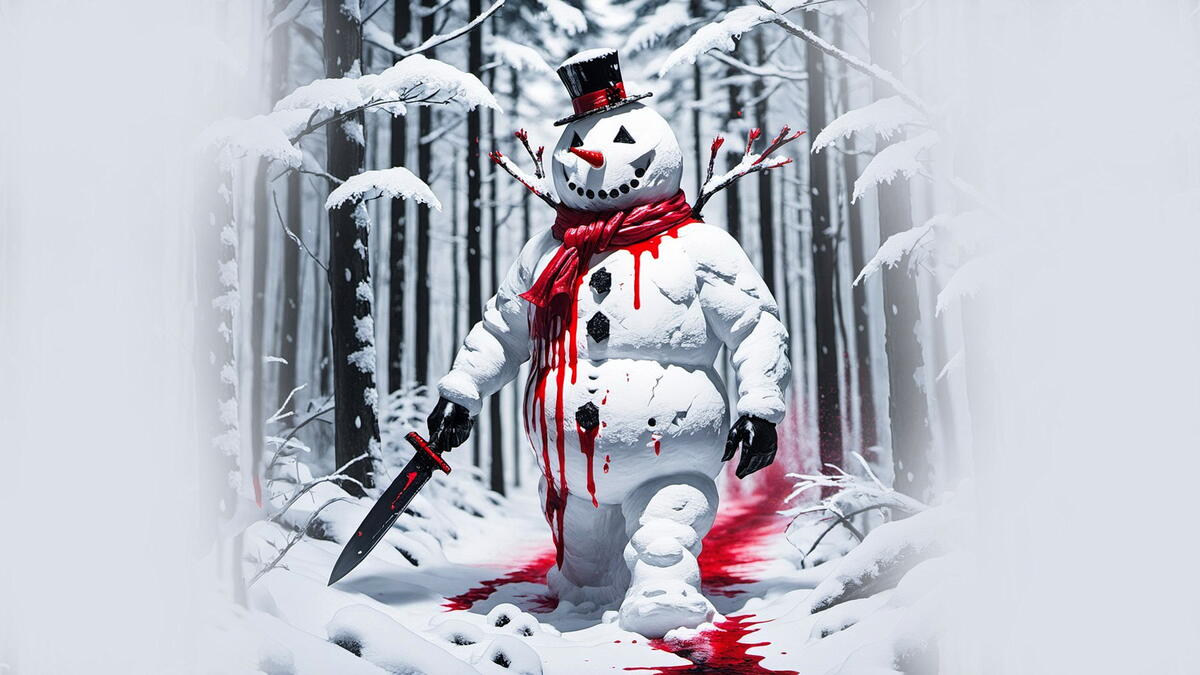 A snowman killer in the woods with a knife