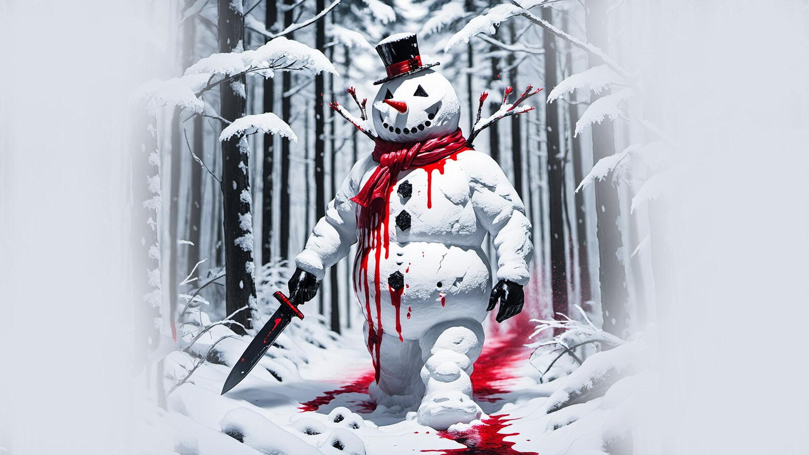 Free photo A snowman killer in the woods with a knife