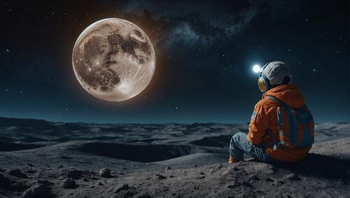 A man in an orange jacket sits on the ground next to a full moon
