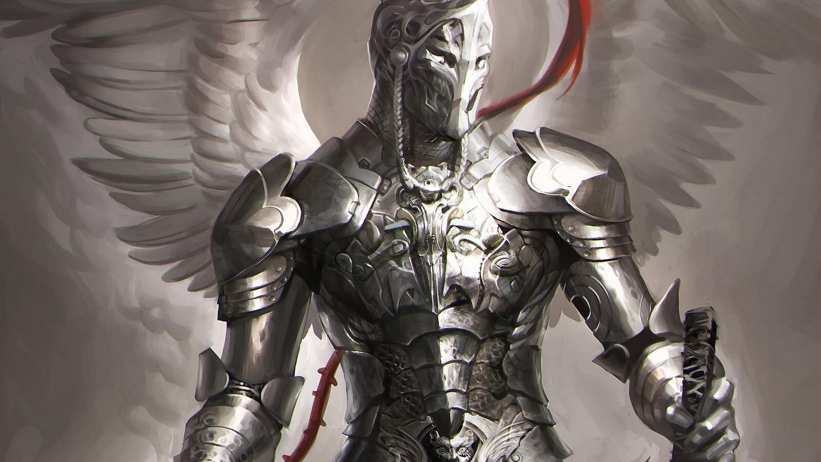 Free photo Fantastic warrior in armor with angel wings