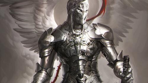 Fantastic warrior in armor with angel wings