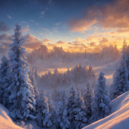 Fabulous winter dawn in the forest with fir trees in snowdrifts