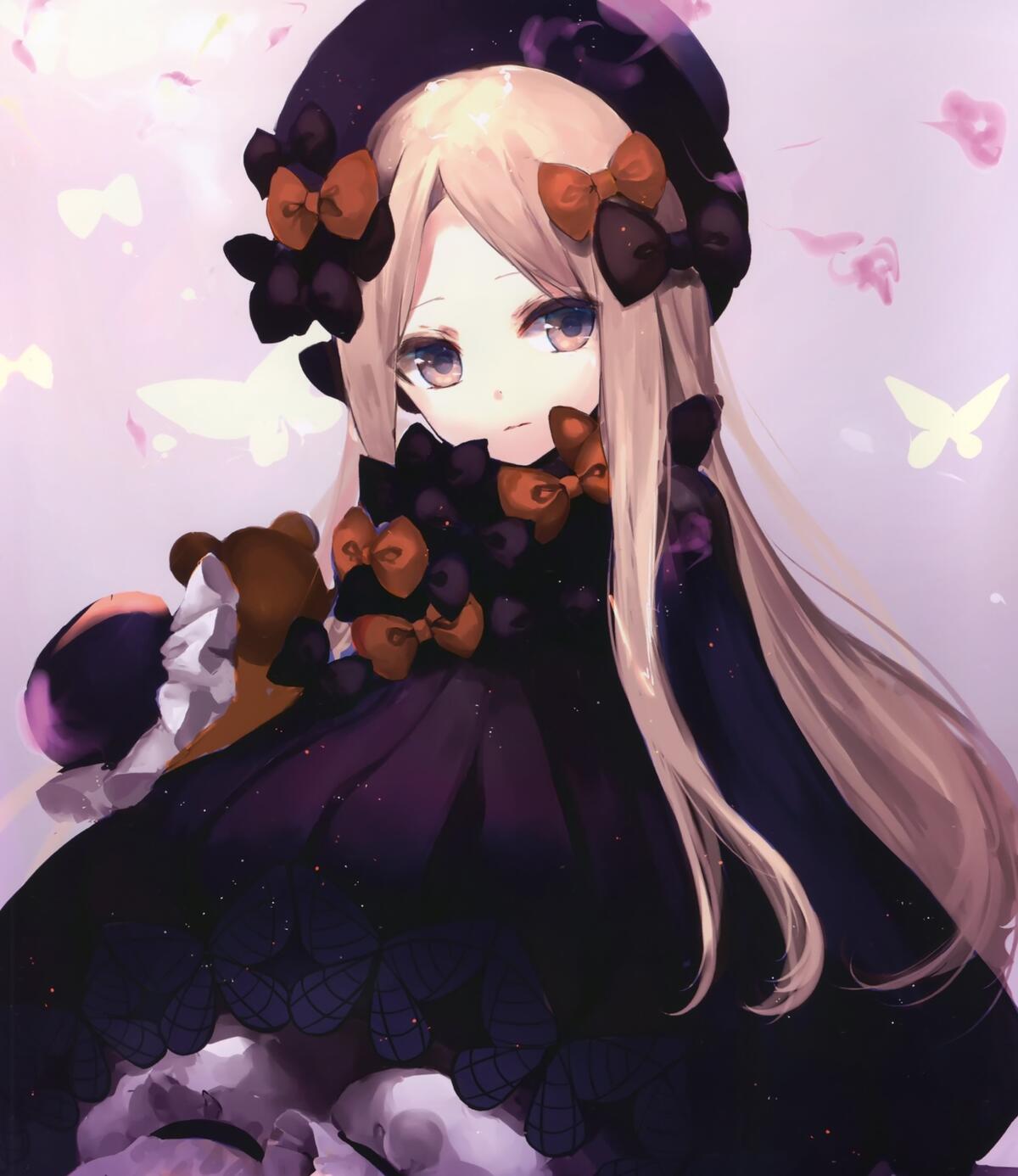 Anime girl Abigail Williams with bows in her hair.
