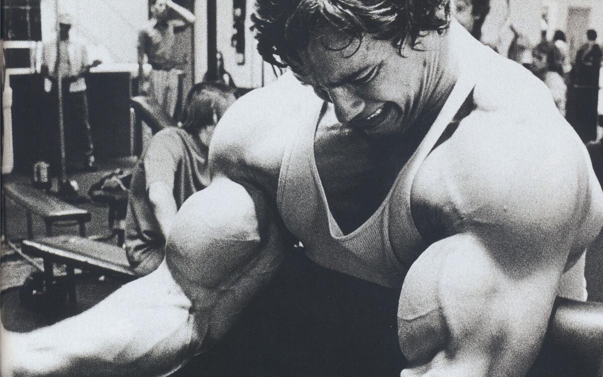 Arnold Schwarzenegger in a monochrome photo